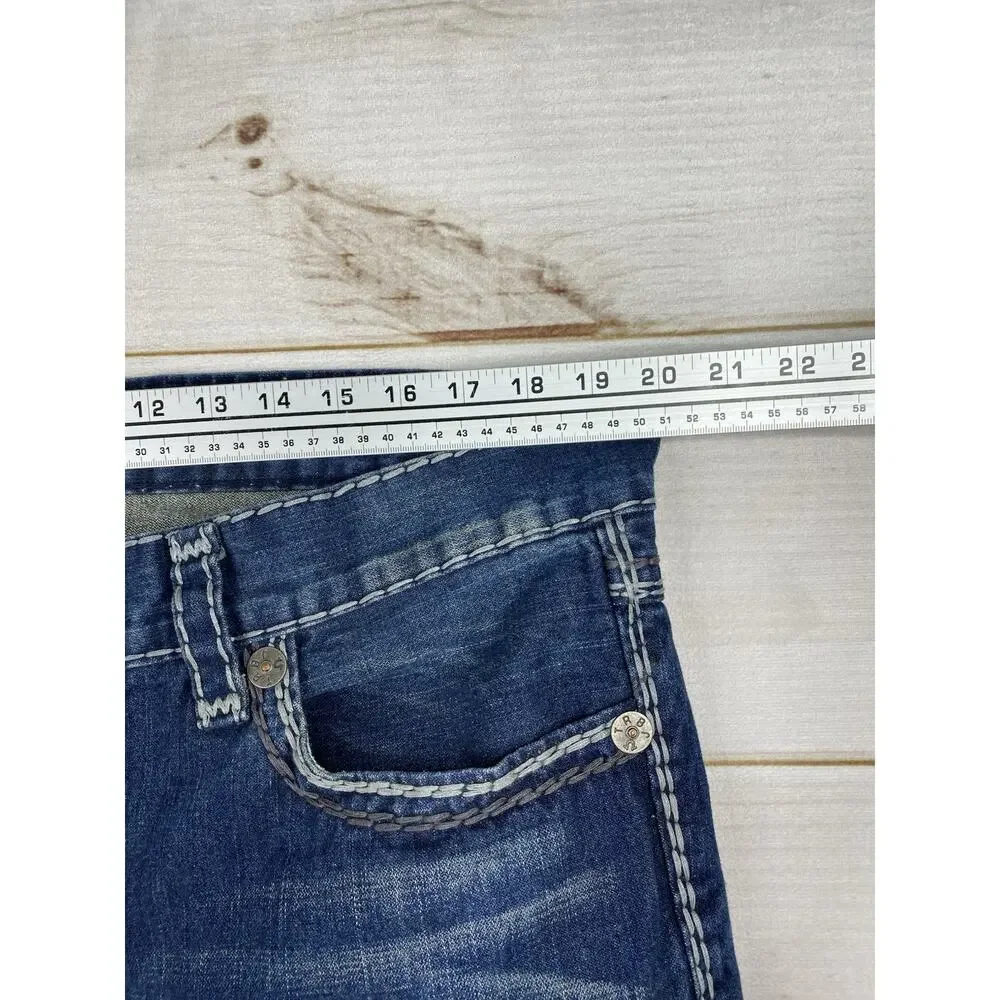 True Religion Billy Jeans 38 Dark Distressed Straight Contrast Embroidery USA